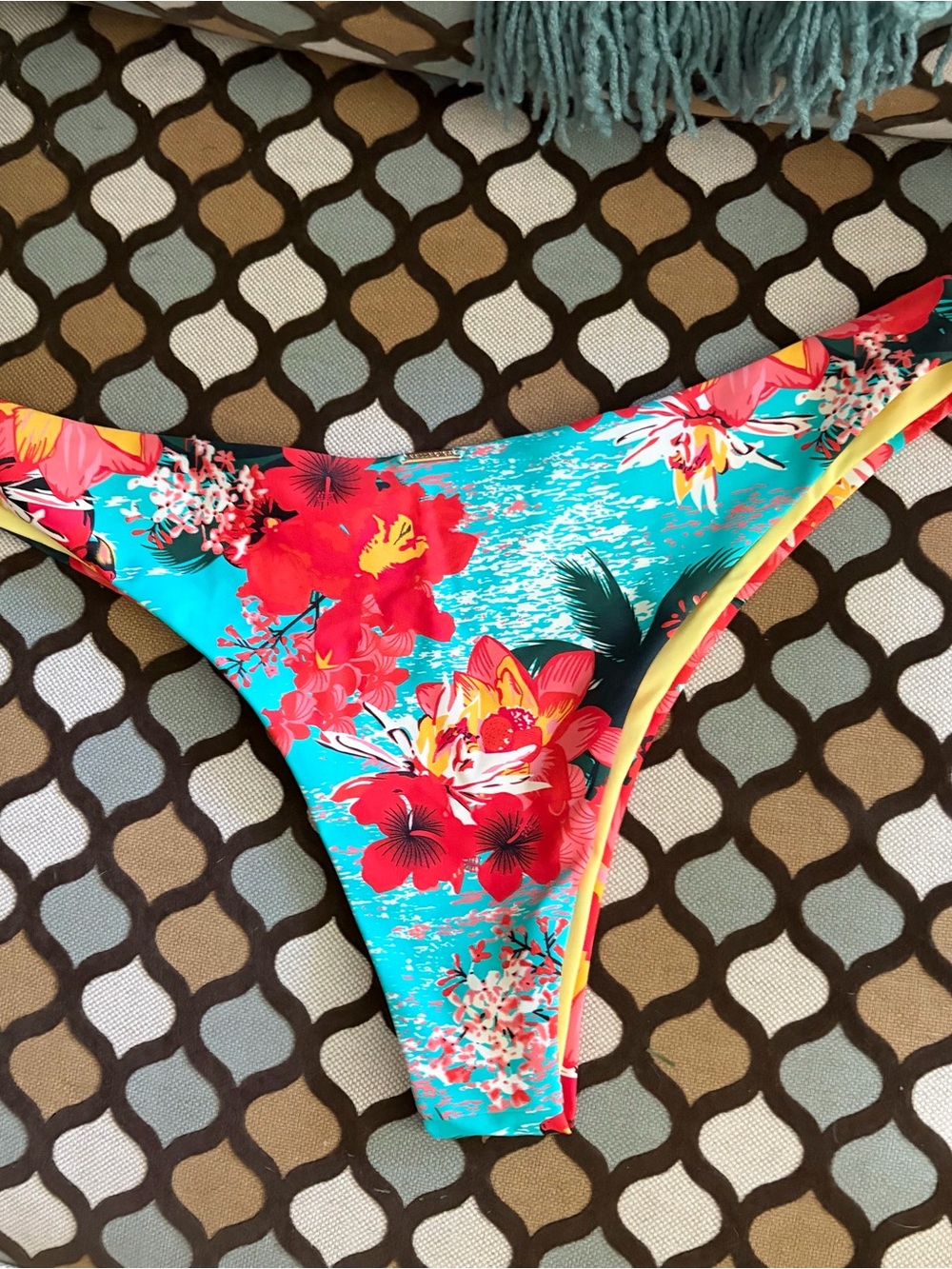 RELLECIGA Turquoise Bikini Bottom with Red Floral Print